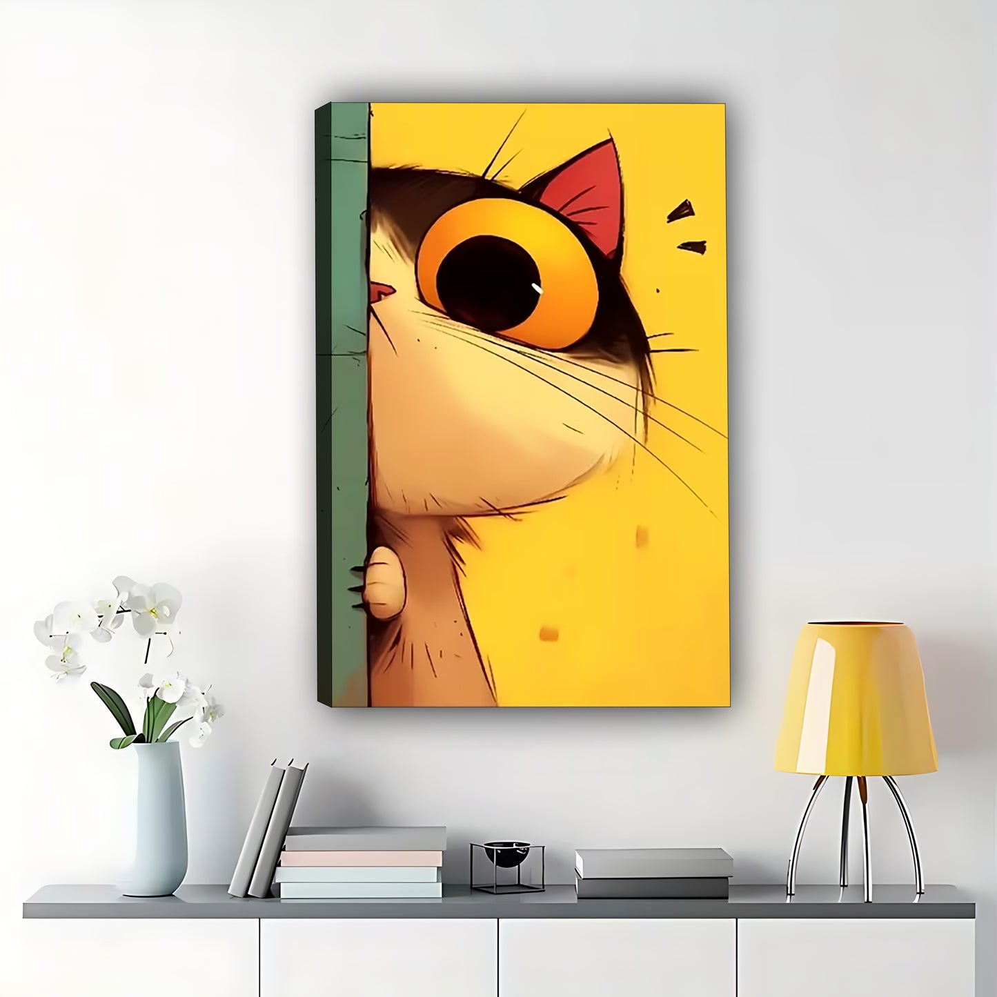 The Peeking Cartoon Cat – Playful Quirky Wall Art on Natural Wood Canvas | W591