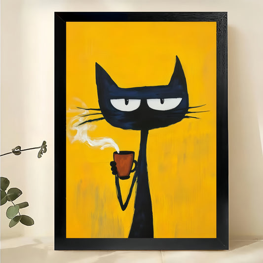 The Cool Coffee  Smoke Black Cat – Retro Edgy Wall Art on Natural Wood Canvas | W592