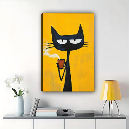 The Cool Coffee  Smoke Black Cat – Retro Edgy Wall Art on Natural Wood Canvas | W592