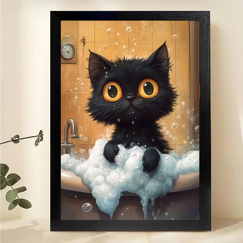 The Bubble Bath Black Kitten – Cute Cozy Wall Art on Natural Wood Canvas | W593