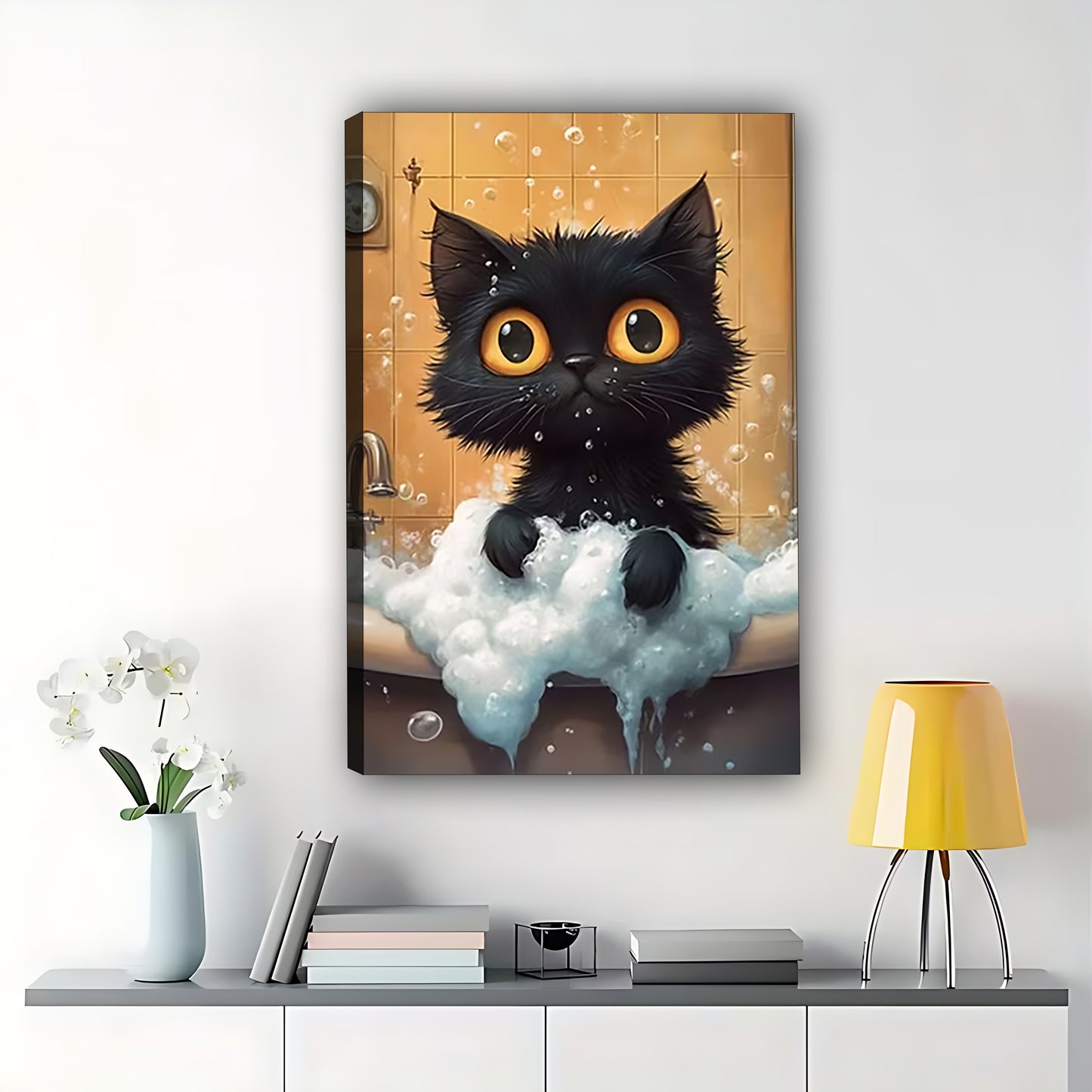 The Bubble Bath Black Kitten – Cute Cozy Wall Art on Natural Wood Canvas | W593
