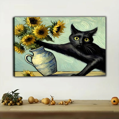 The Sunflower Black Cat – Artistic Cat Wall Art on Natural Wood Canvas | W299