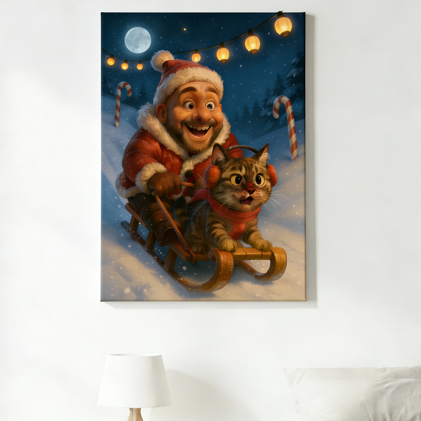 Custom Christmas Pet Portrait,Personalized Gift, Funny Santa Cat & Owner Illustration Wall Art,Holiday Home Decor