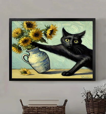 The Sunflower Black Cat – Artistic Cat Wall Art on Natural Wood Canvas | W299