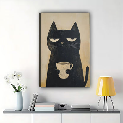 The Coffee-Loving Black Cat – Minimalist Feline Wall Art on Natural Wood Canvas | W559