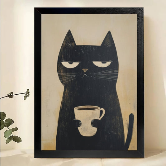 The Coffee-Loving Black Cat – Minimalist Feline Wall Art on Natural Wood Canvas | W559