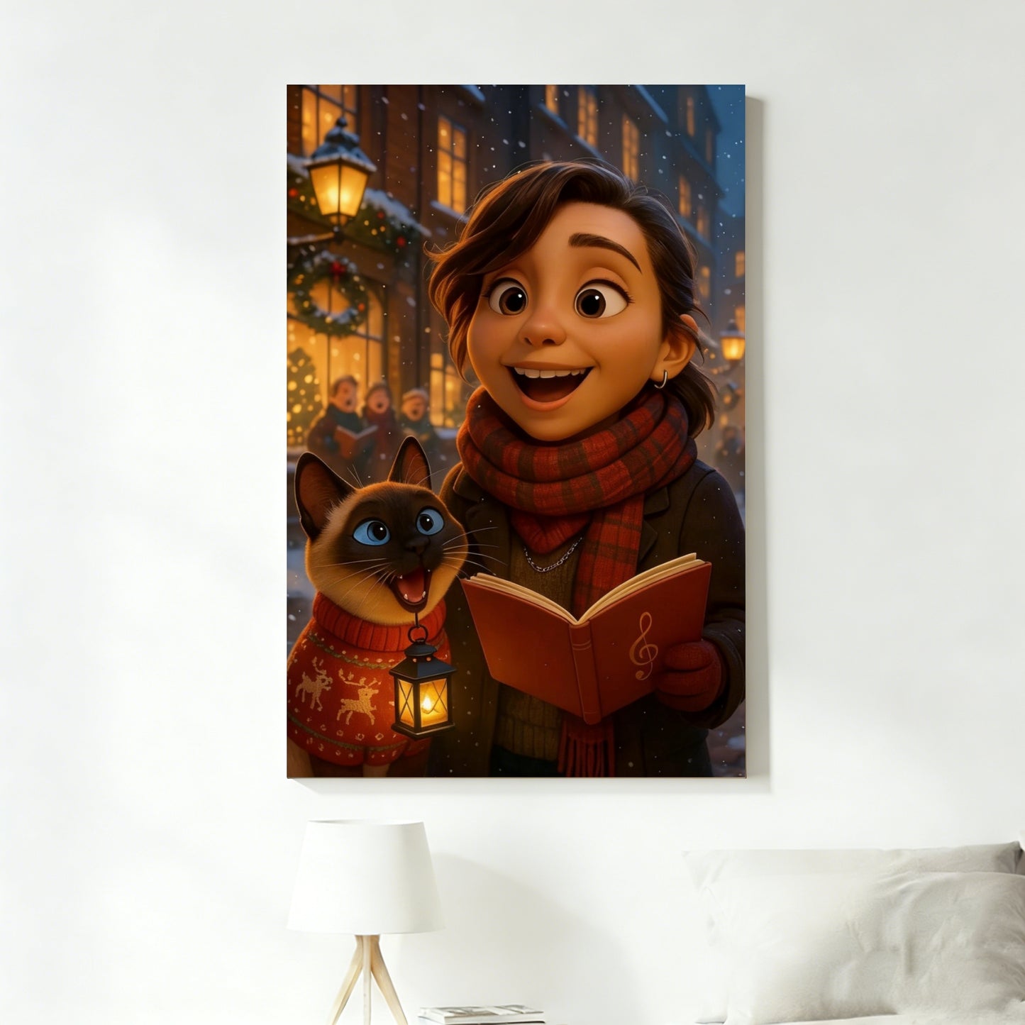 Custom Christmas Pet Portrait,Personalized Gift, Funny Santa Cat & Owner Illustration Wall Art,Holiday Home Decor