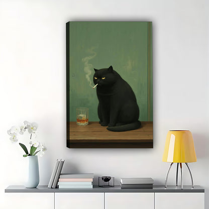 The Suave Smoking Black Cat – Retro Chic Feline Wall Art on Natural Wood Canvas | W560