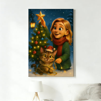Custom Christmas Pet Portrait,Personalized Gift, Funny Santa Cat & Owner Illustration Wall Art,Holiday Home Decor