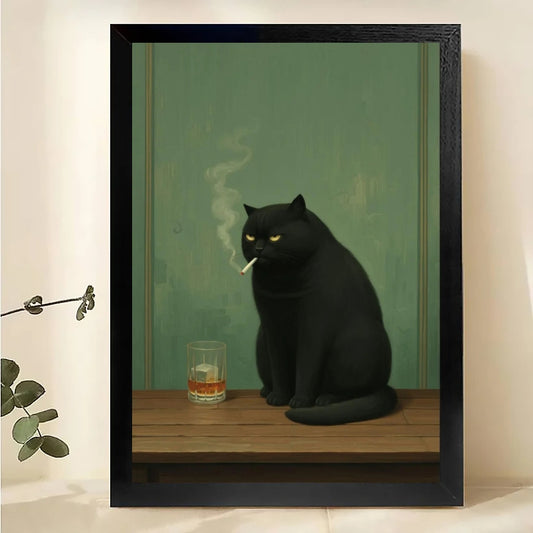 The Suave Smoking Black Cat – Retro Chic Feline Wall Art on Natural Wood Canvas | W560
