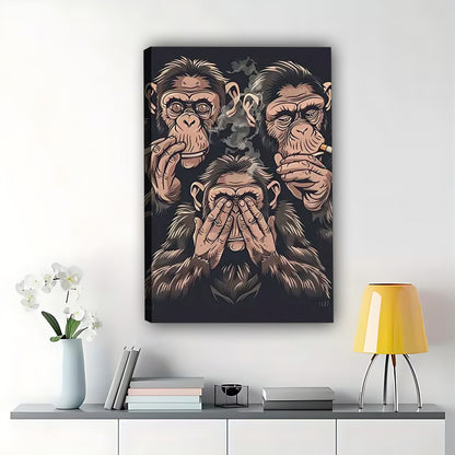 The Thought-Provoking Ape Trio – Dark Art Wall Decor on Natural Wood Canvas | W561