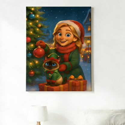 Custom Christmas Pet Portrait,Personalized Gift, Funny Santa Cat & Owner Illustration Wall Art,Holiday Home Decor