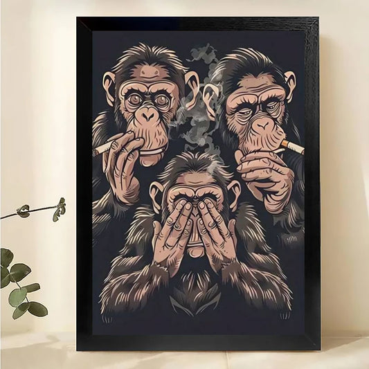 The Thought-Provoking Ape Trio – Dark Art Wall Decor on Natural Wood Canvas | W561