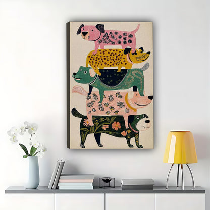 The Playful Stacked Dog Crew – Colorful Cartoon Pet Wall Art on Natural Wood Canvas | W562