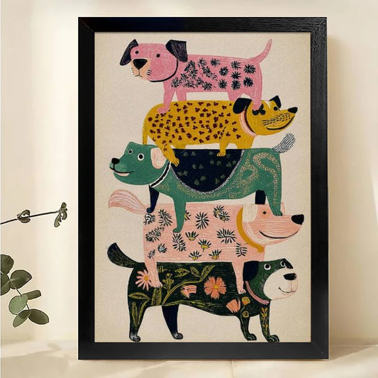 The Playful Stacked Dog Crew – Colorful Cartoon Pet Wall Art on Natural Wood Canvas | W562