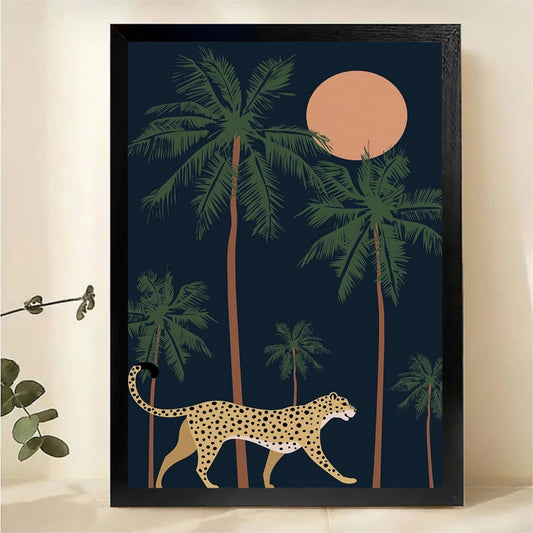 Cheetah in Palm Trees Wall Art - Tropical Sunset Print|W1265