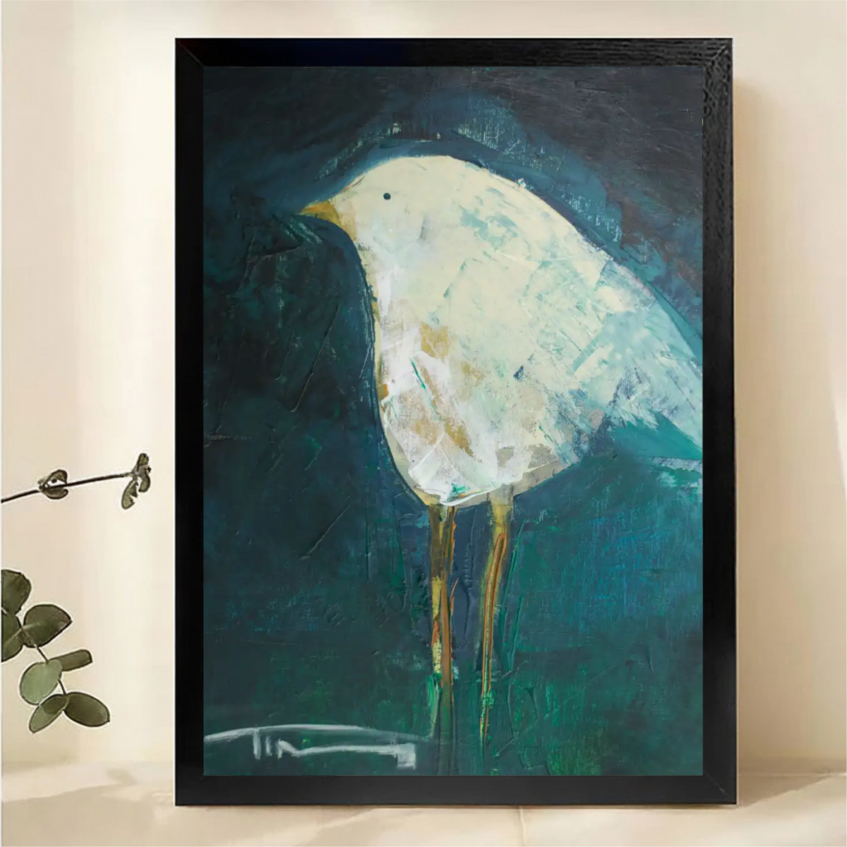 White Bird on Teal Background Wall Art - Abstract Oil Painting Canvas Print|W1361