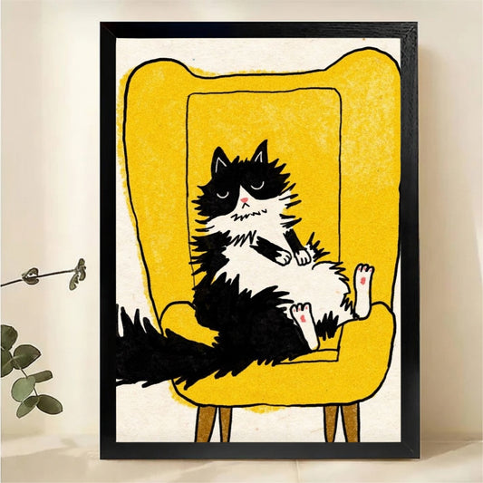 Cat Lounging in Chair Wall Art - Cozy Pet Illustration Print|W1211