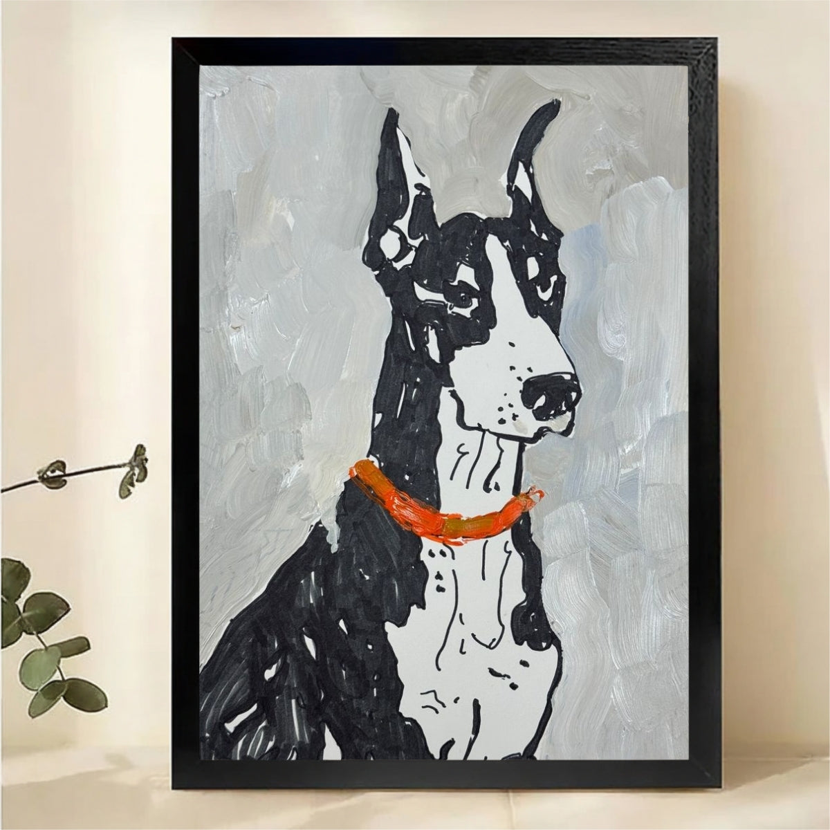 Doberman Portrait with Orange Collar Wall Art - Expressive Textured Oil Painting Canvas Print|W1445