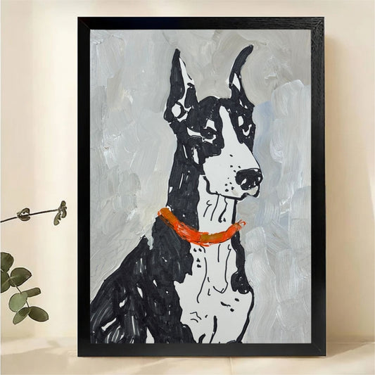 Doberman Portrait with Orange Collar Wall Art - Expressive Textured Oil Painting Canvas Print|W1445