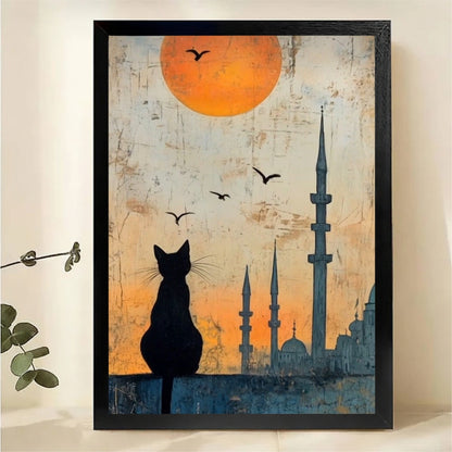 Cat Silhouette Mosque Sunset Wall Art - Istanbul Skyline Canvas Print|W1321