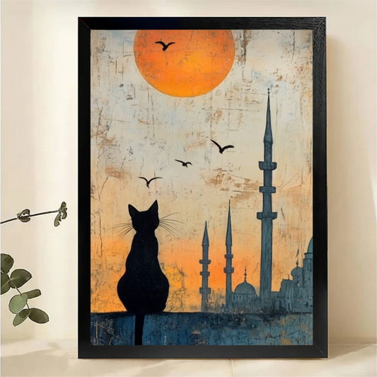 Cat Silhouette Mosque Sunset Wall Art - Istanbul Skyline Canvas Print|W1321