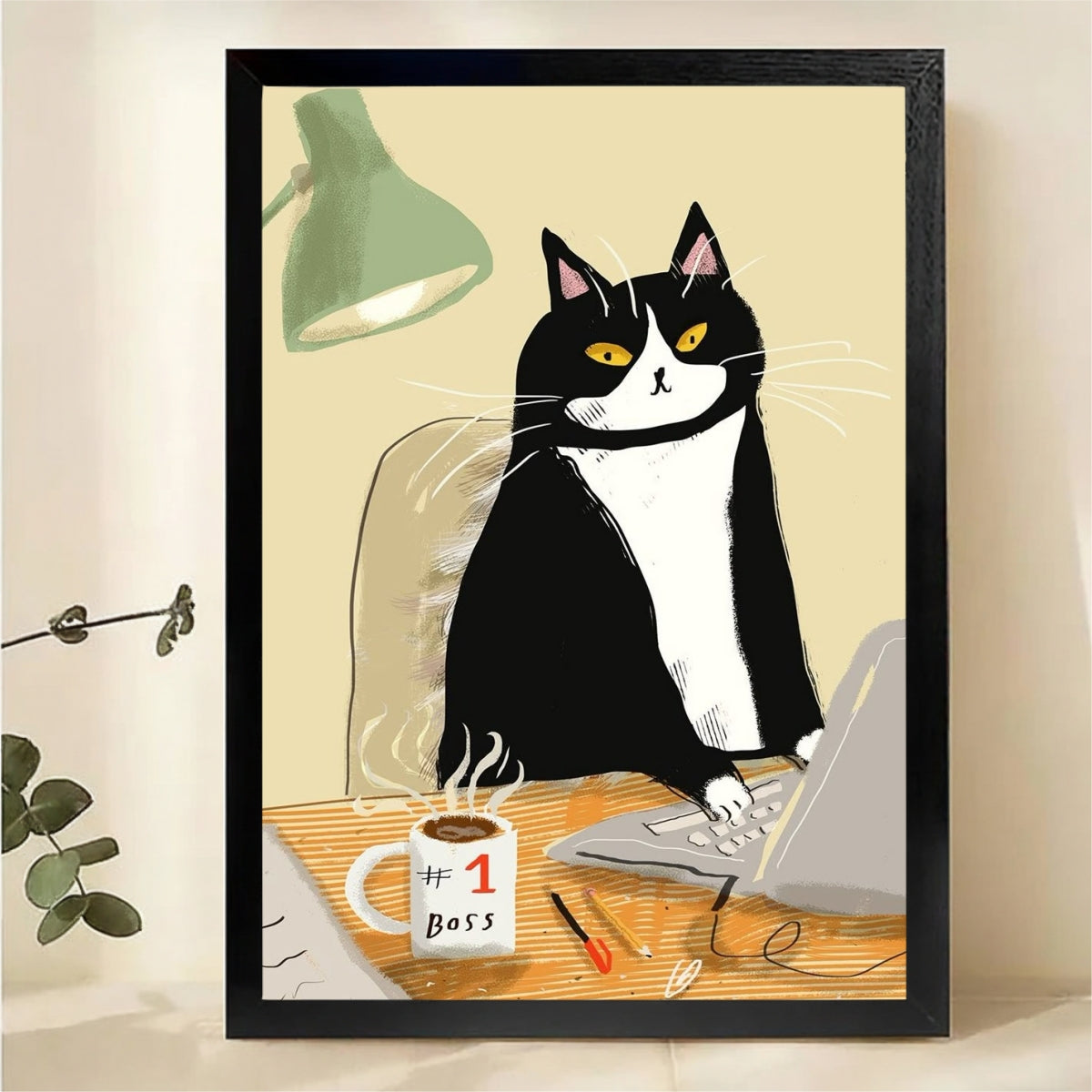 Tuxedo Cat Boss at Desk Wall Art - Funny Office Canvas Print|W1400