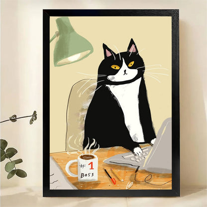 Tuxedo Cat Boss at Desk Wall Art - Funny Office Canvas Print|W1400
