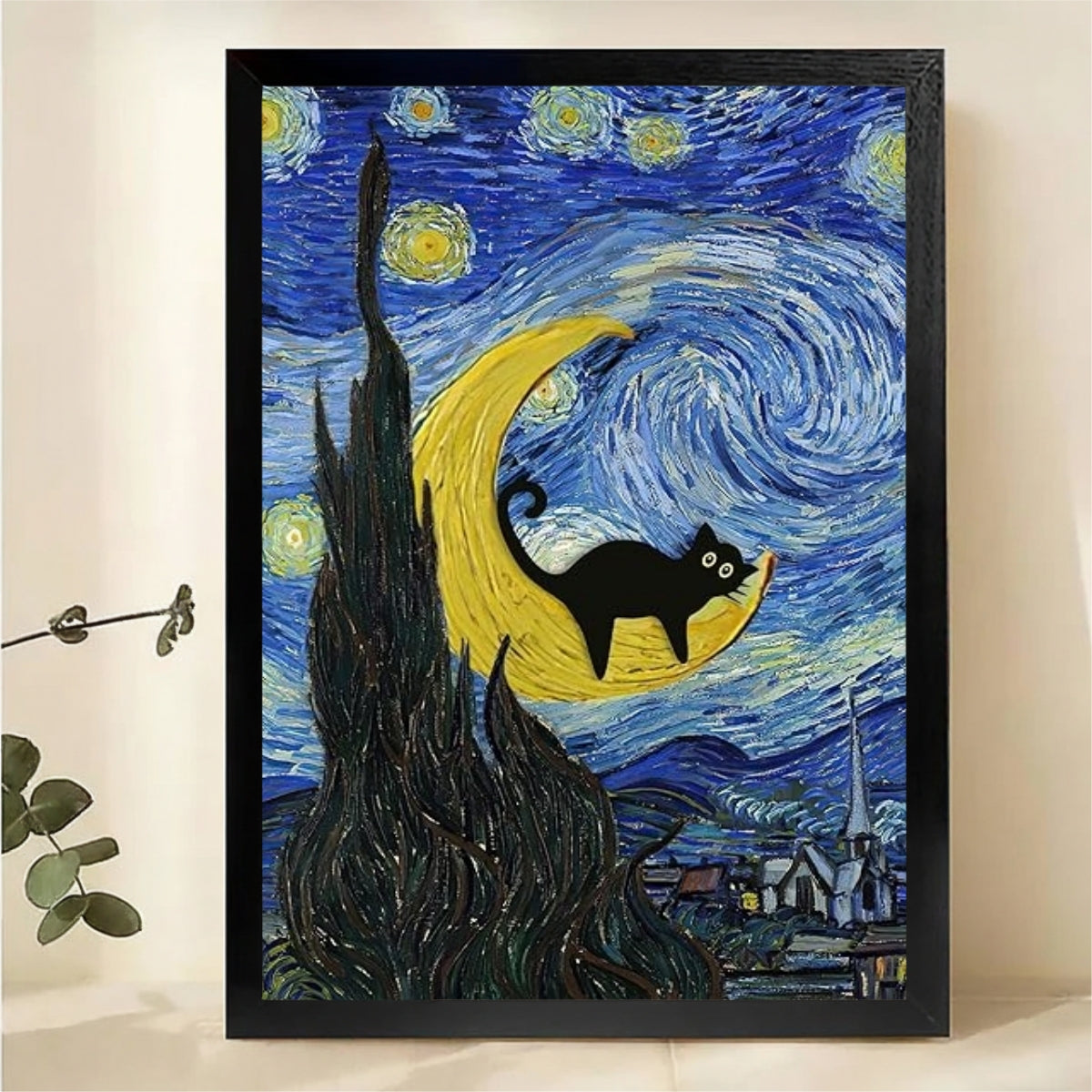 Black Cat on Crescent Moon Van Gogh Starry Night Wall Art - Funny Art Canvas Print|W1411