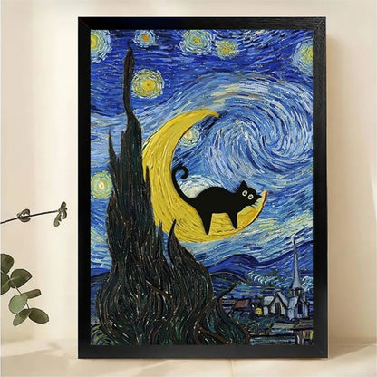 Black Cat on Crescent Moon Van Gogh Starry Night Wall Art - Funny Art Canvas Print|W1411