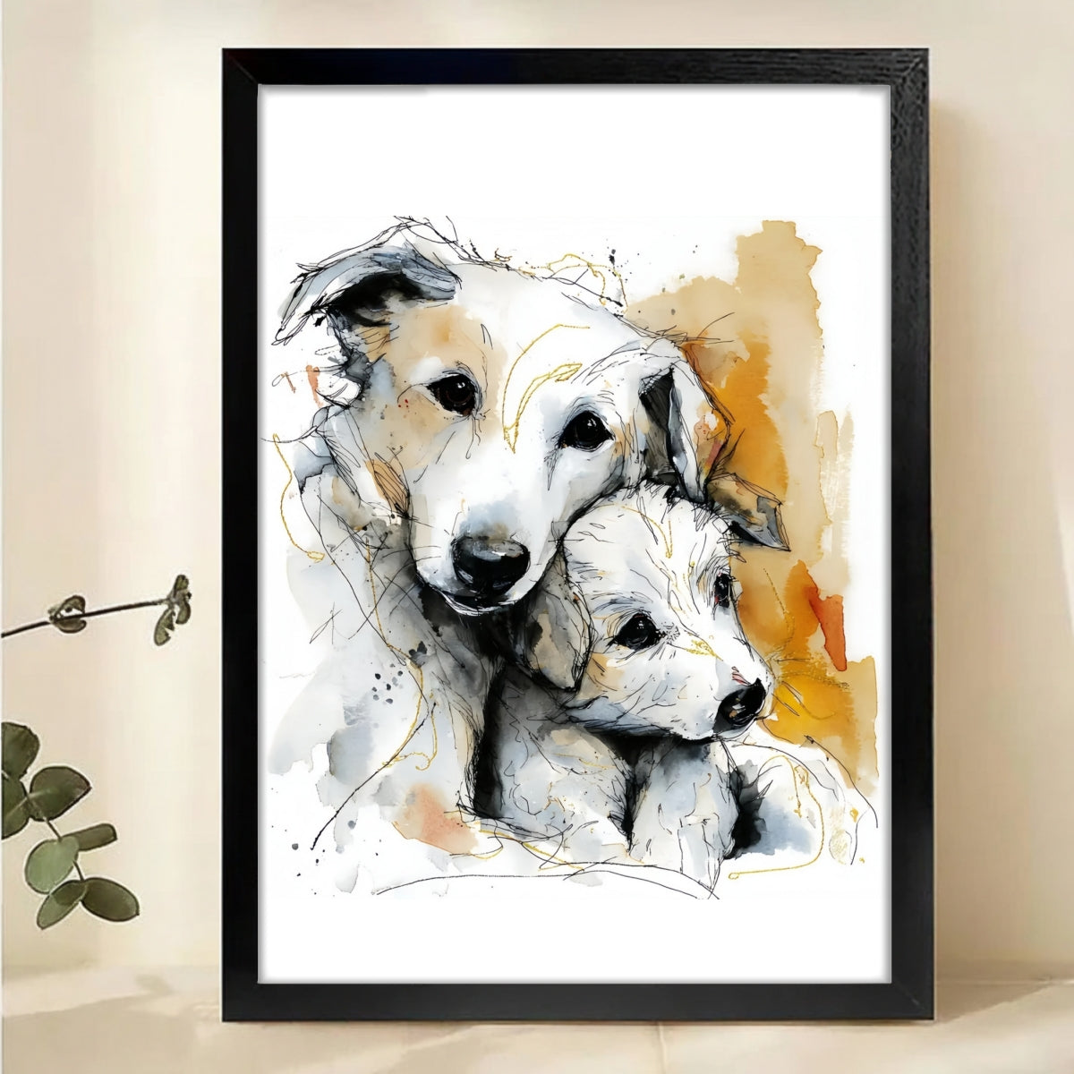 Two Dogs Cuddling Watercolor Canvas Art - Heartwarming Pet Wall Decor|W1178