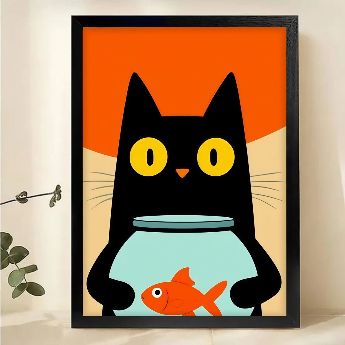 Black Cat with Goldfish Bowl Wall Art - Whimsical Animal Print|W1126