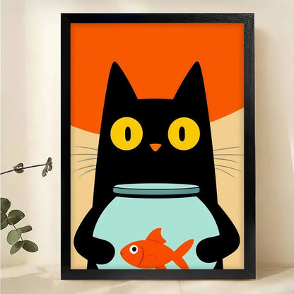 Black Cat with Goldfish Bowl Wall Art - Whimsical Animal Print|W1126