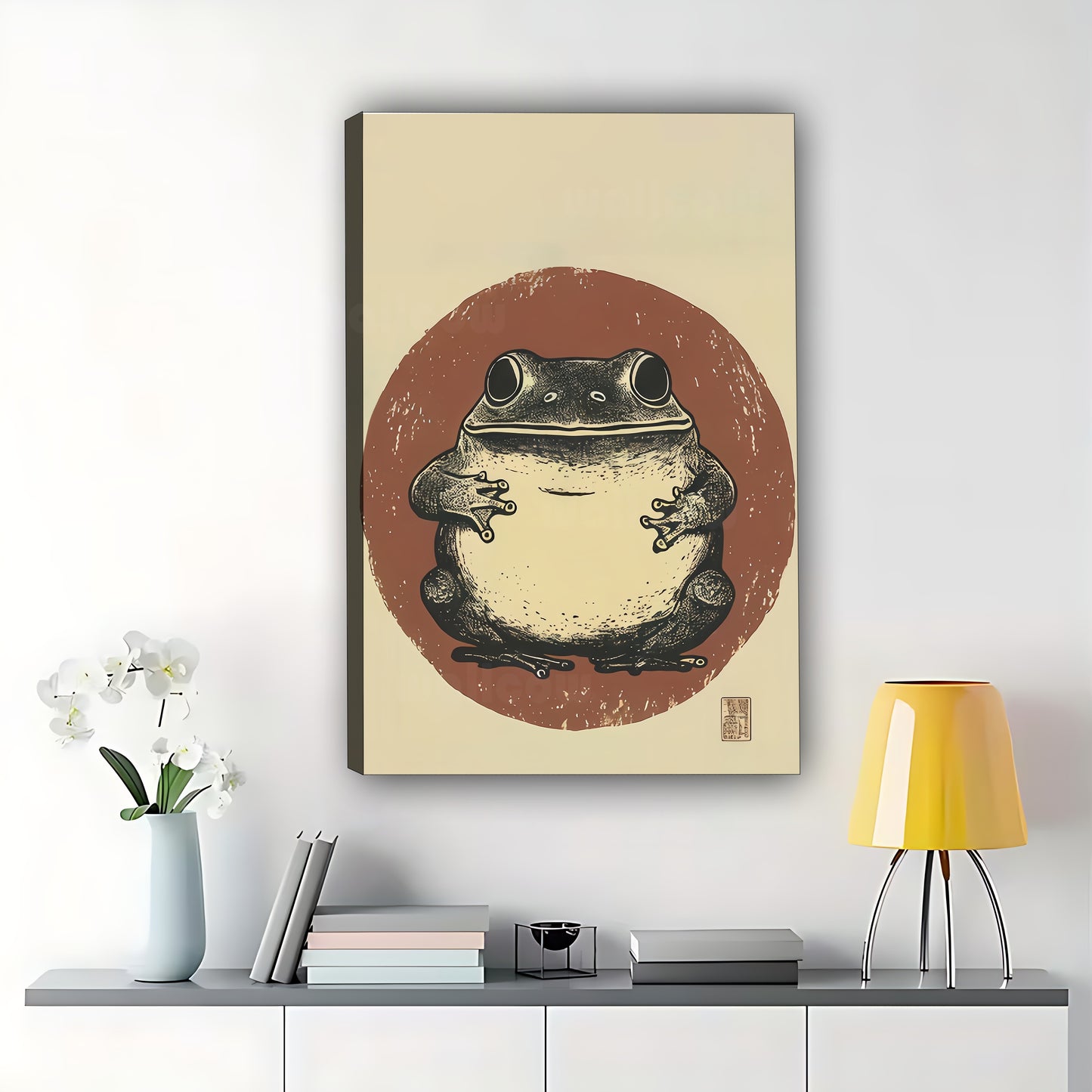 The Chubby Chest-Hugging Frog – Retro Minimalist Wall Art on Natural Wood Canvas | W602