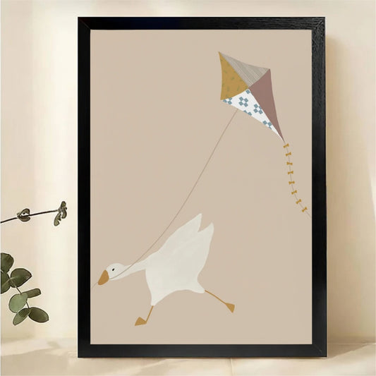 Goose Flying a Kite Wall Art - Whimsical Minimalist Nursery Canvas Print|W1452