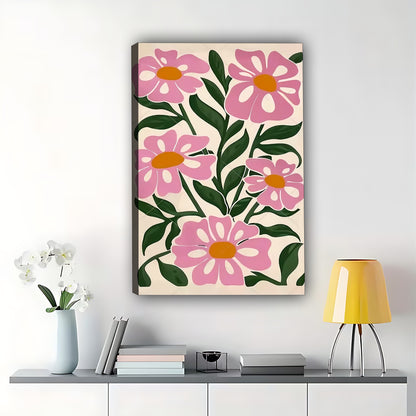 Pink Floral Pattern – Vibrant Botanical Wall Art on Natural Wood Canvas | W505