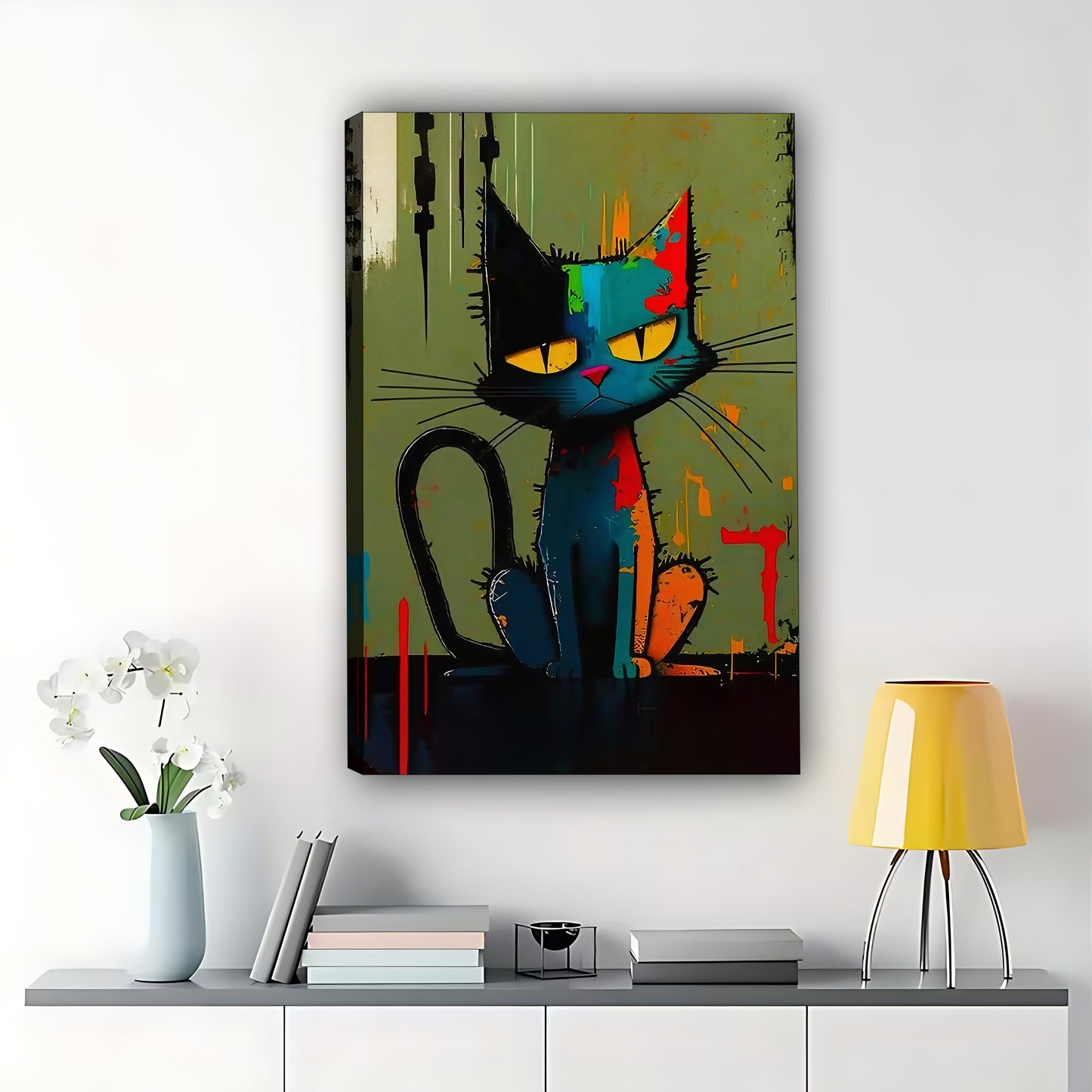 The Moody Abstract Cat – Bold Artistic Feline Wall Art on Natural Wood Grain Canvas | W502