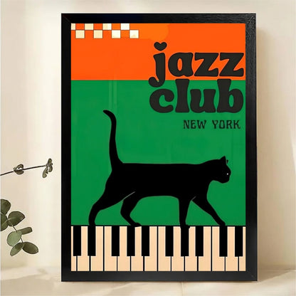 Jazz Club New York Black Cat Piano Wall Art - Retro Vintage Poster Canvas Print|W1428