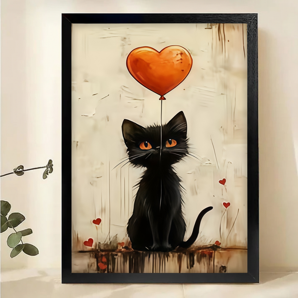 Black Cat with Heart Balloon Wall Art- Romantic Wall Decor|W1101