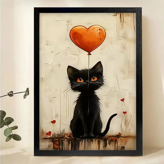 Black Cat with Heart Balloon Wall Art- Romantic Wall Decor|W1101