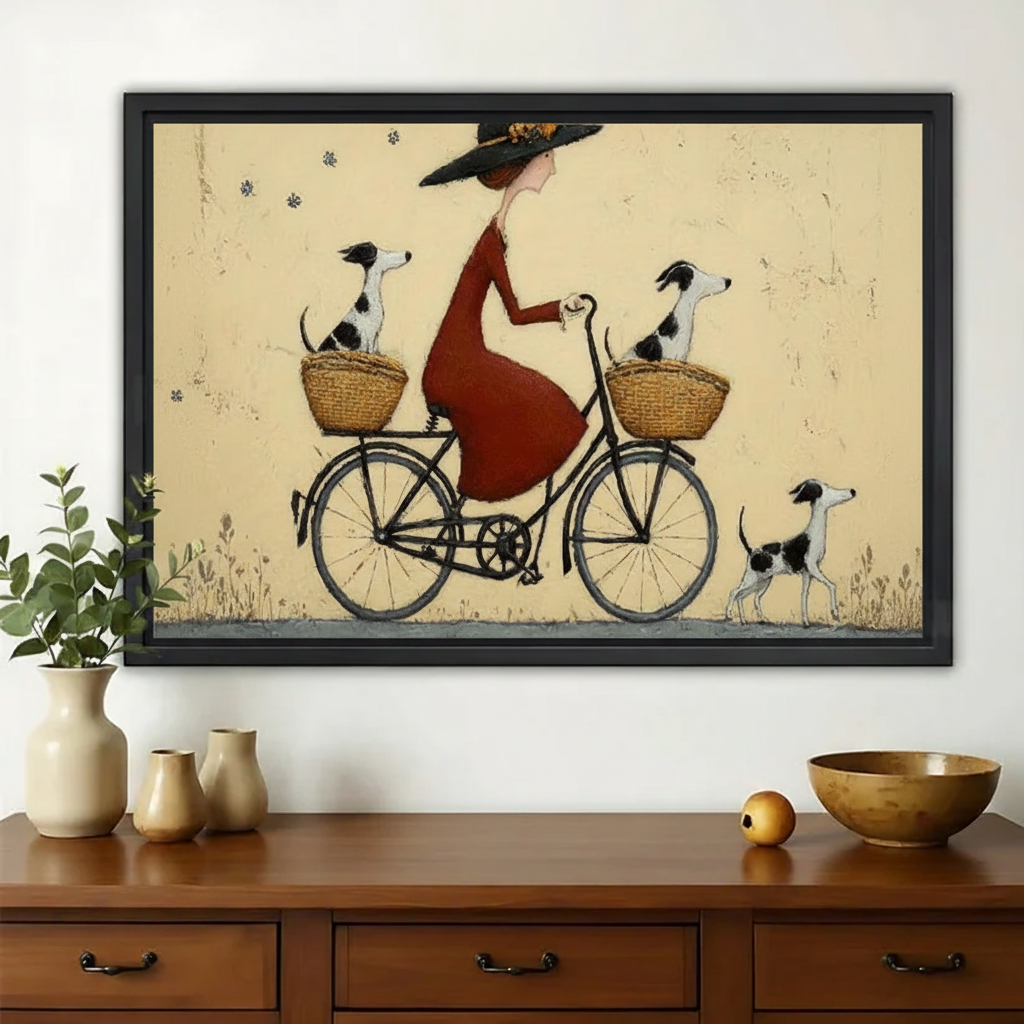 Lady on Bicycle with Three Dogs Wall Art – Vintage Folk Art Canvas Print on Natural Wood Frame | W2143