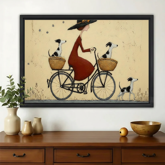 Lady on Bicycle with Three Dogs Wall Art – Vintage Folk Art Canvas Print on Natural Wood Frame | W2143