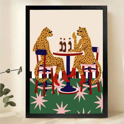 Leopards Having Drinks Wall Art - Retro Cocktail Hour Print|W1083