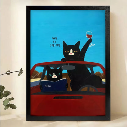 Funny Black Cats Driving Wall Art - Why So Serious Cat Print|W1145