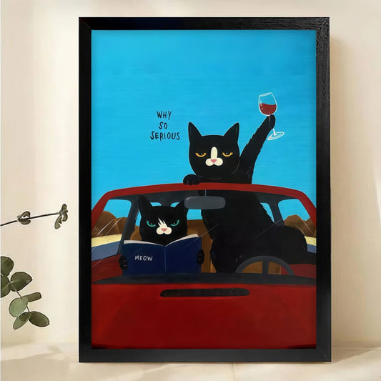 Funny Black Cats Driving Wall Art - Why So Serious Cat Print|W1145