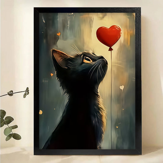 Black Cat with Red Heart Balloon Canvas Wall Art|W1089