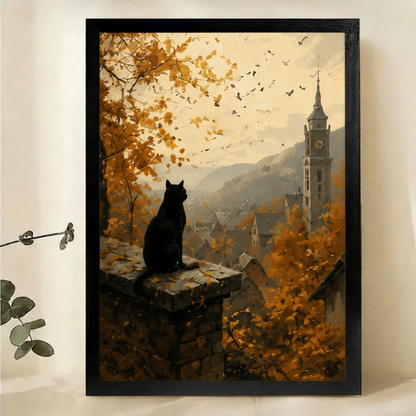Black Cat Overlooking Autumn Village Wall Art – Moody Landscape Canvas Print on Natural Wood Frame | W2281