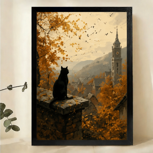 Black Cat Overlooking Autumn Village Wall Art – Moody Landscape Canvas Print on Natural Wood Frame | W2281