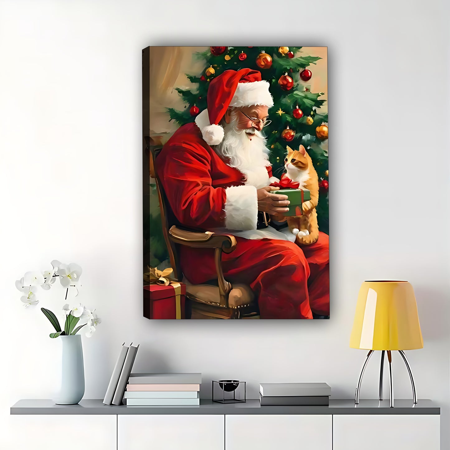 The Gift-Giving Santa – Cozy Christmas Wall Art on Natural Wood Grain Canvas | W492