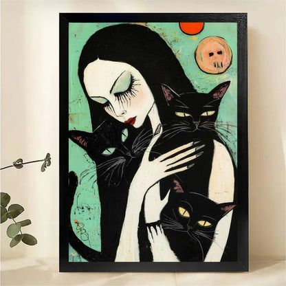 Gothic Witch with Three Black Cats Wall Art - Expressionist Canvas Print|W1416